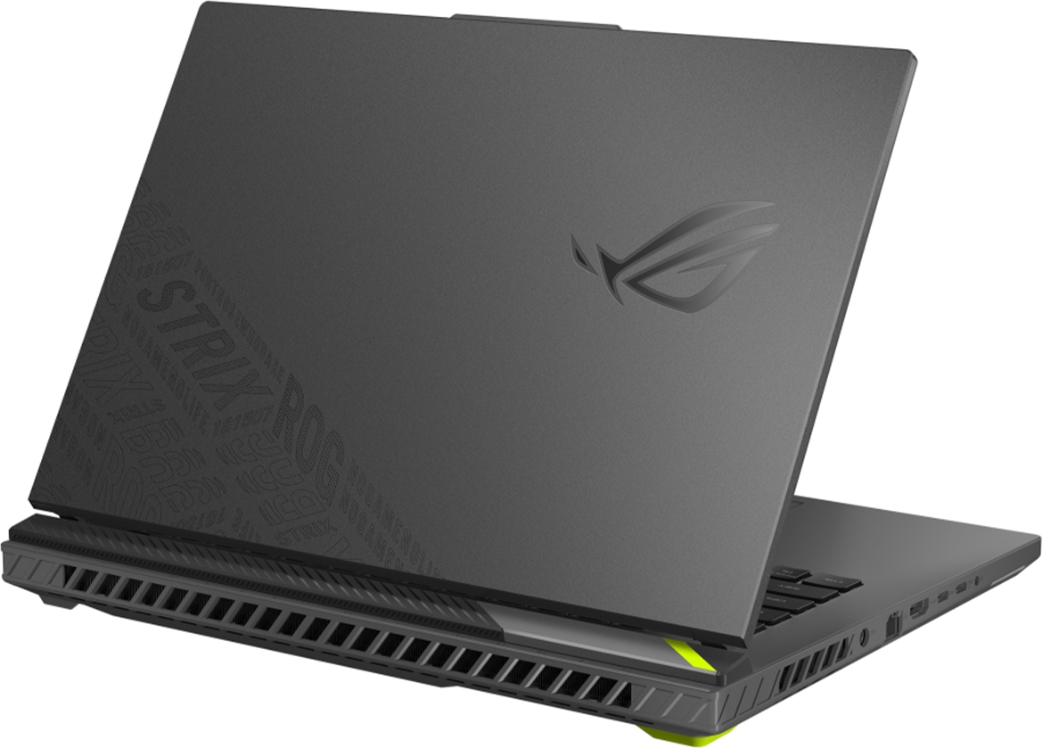 Kapalı kapakta logo ve Strix yazısı bulunan gri bir ASUS ROG Strix oyuncu dizüstü bilgisayarı.