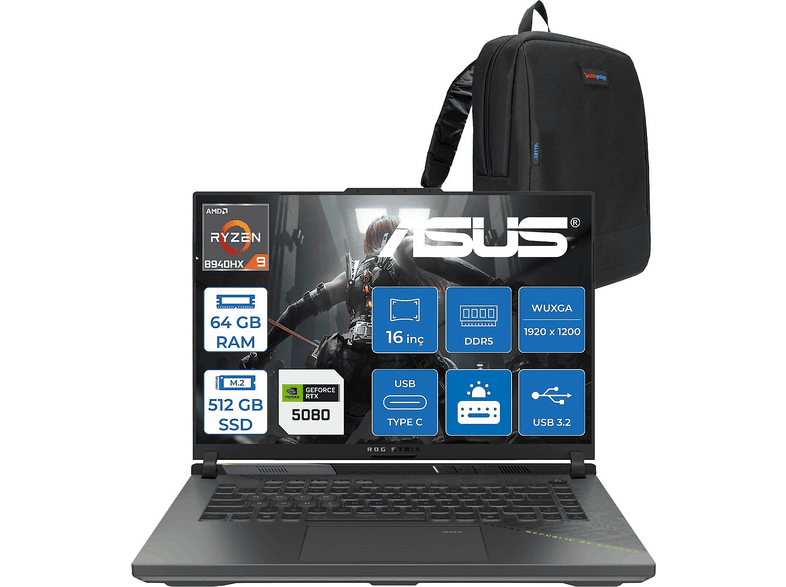 ASUS Rog Strix G16 G614PW RTX5080 WRV038F25 AMD Ryzen 9 8940HX 64 GB RAM 512 GB SSD 16 inç FreeDOS Laptop+Çanta Gri