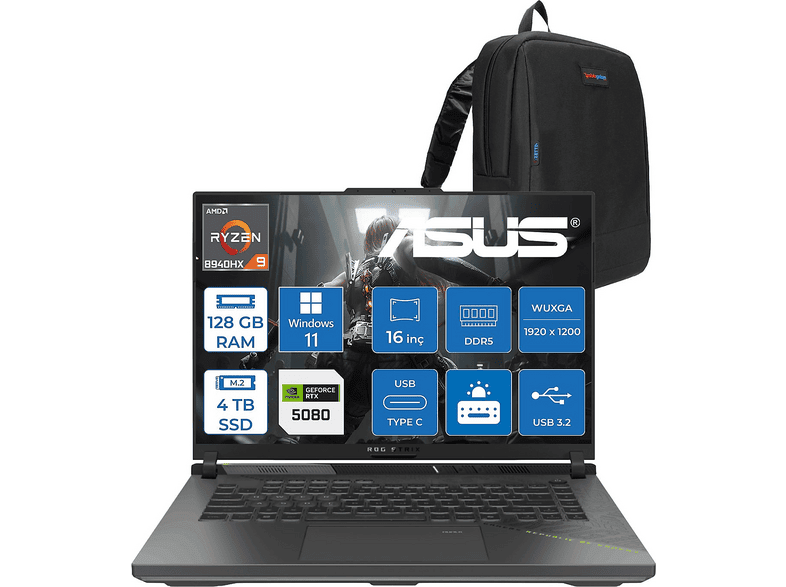 ASUS Rog Strix G16 G614PW RTX5080 WRV038P55 AMD Ryzen 9 8940HX 128 GB RAM 4 TB SSD 16 inç FreeDOS Laptop+Çanta Gri