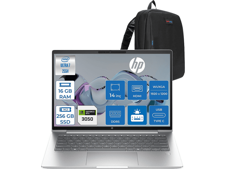 HP ProBook 4 G1I 4GB RTX3050 D36KMETF01 Intel Core Ultra 7 255H 16 GB RAM 256 GB SSD 14 inç FreeDOS Laptop+Çanta Gri