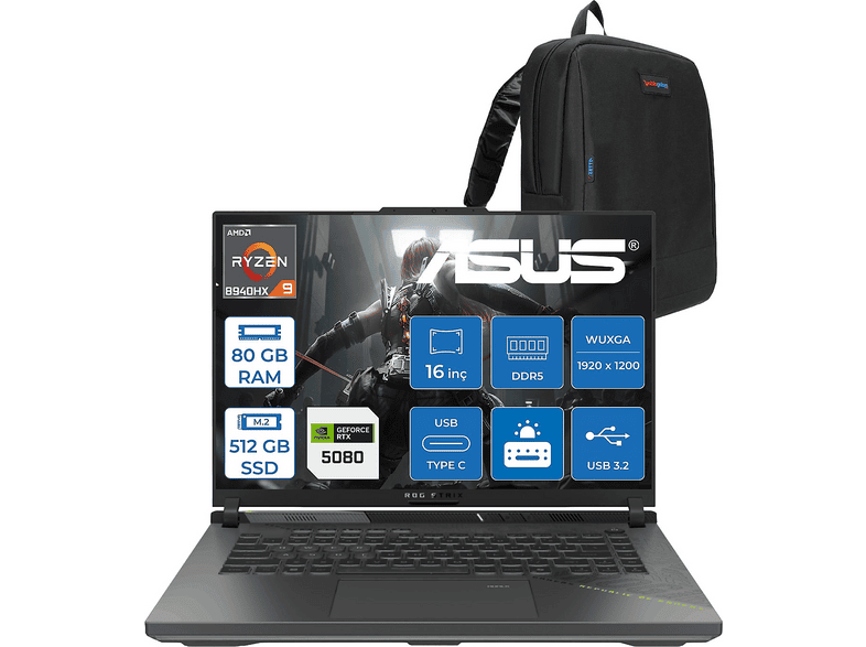ASUS Rog Strix G16 G614PW RTX5080 WRV038F33 AMD Ryzen 9 8940HX 80 GB RAM 512 GB SSD 16 inç FreeDOS Laptop+Çanta Gri