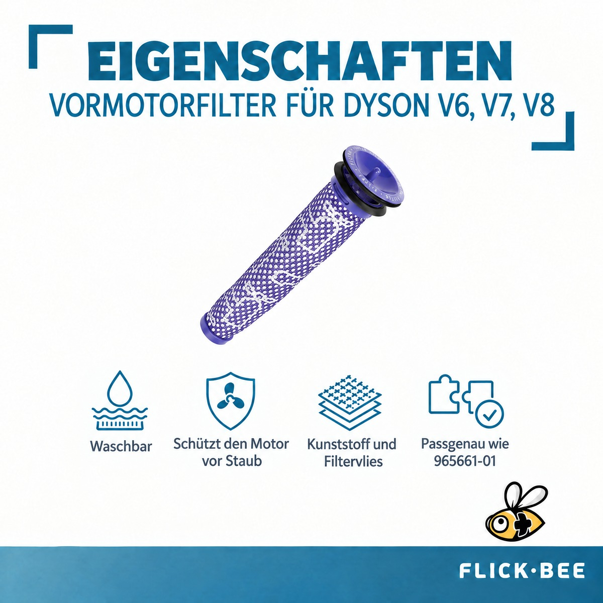 Filtre pré-moteur violet pour Dyson V6, V7, V8 avec icônes de lavage et de protection.