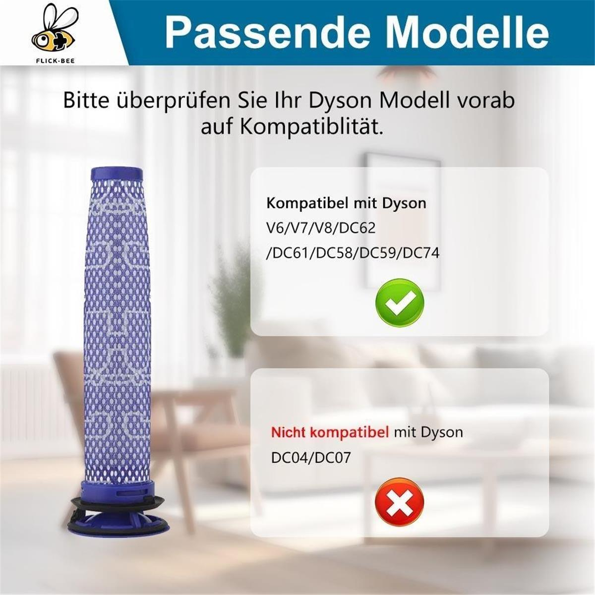 Filtre d'aspirateur Dyson violet avec liste de compatibilité et alertes.