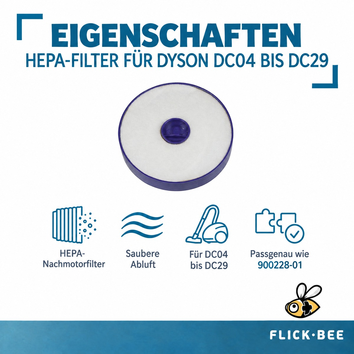 Filtre HEPA rond pour aspirateurs Dyson avec icônes de caractéristiques et logo.