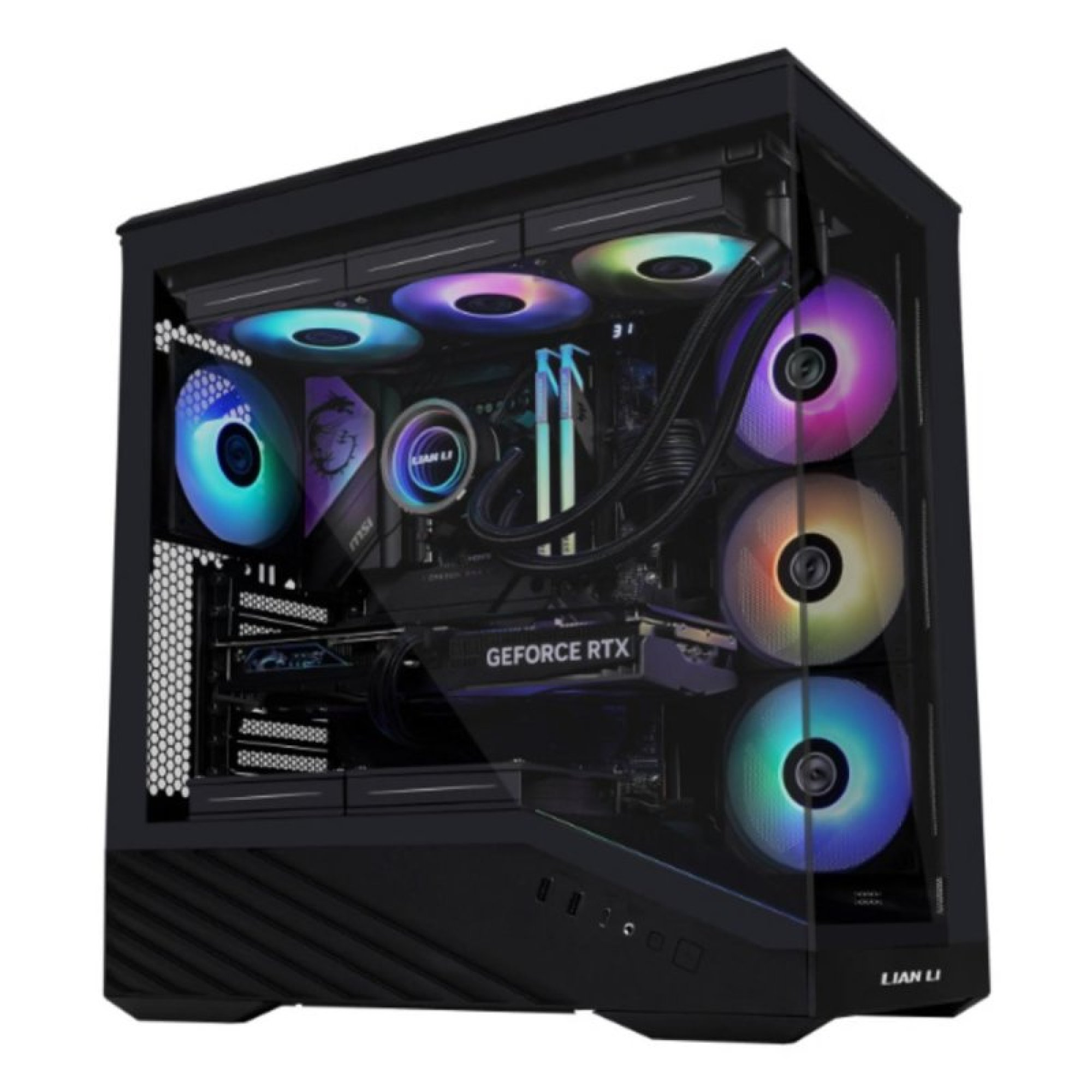 Un PC de escritorio negro con carcasa de vidrio transparente, ventiladores RGB brillantes y tarjeta gráfica GeForce RTX.