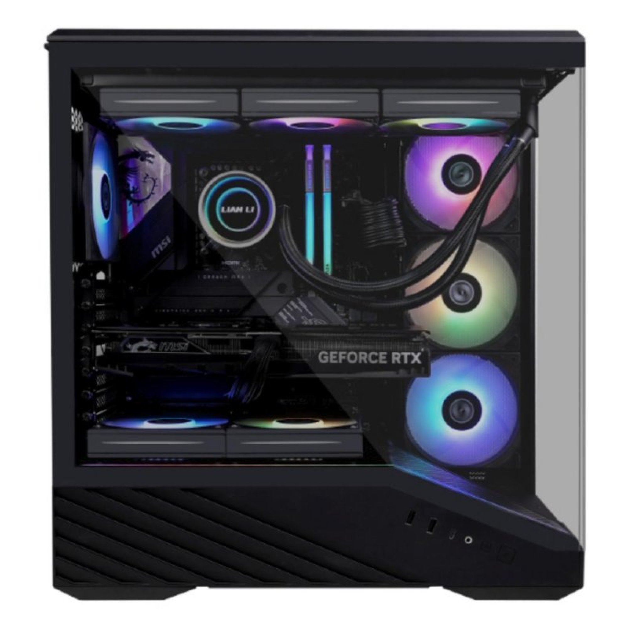Un PC de escritorio negro con panel de vidrio, ventiladores RGB y tarjeta gráfica GeForce RTX.