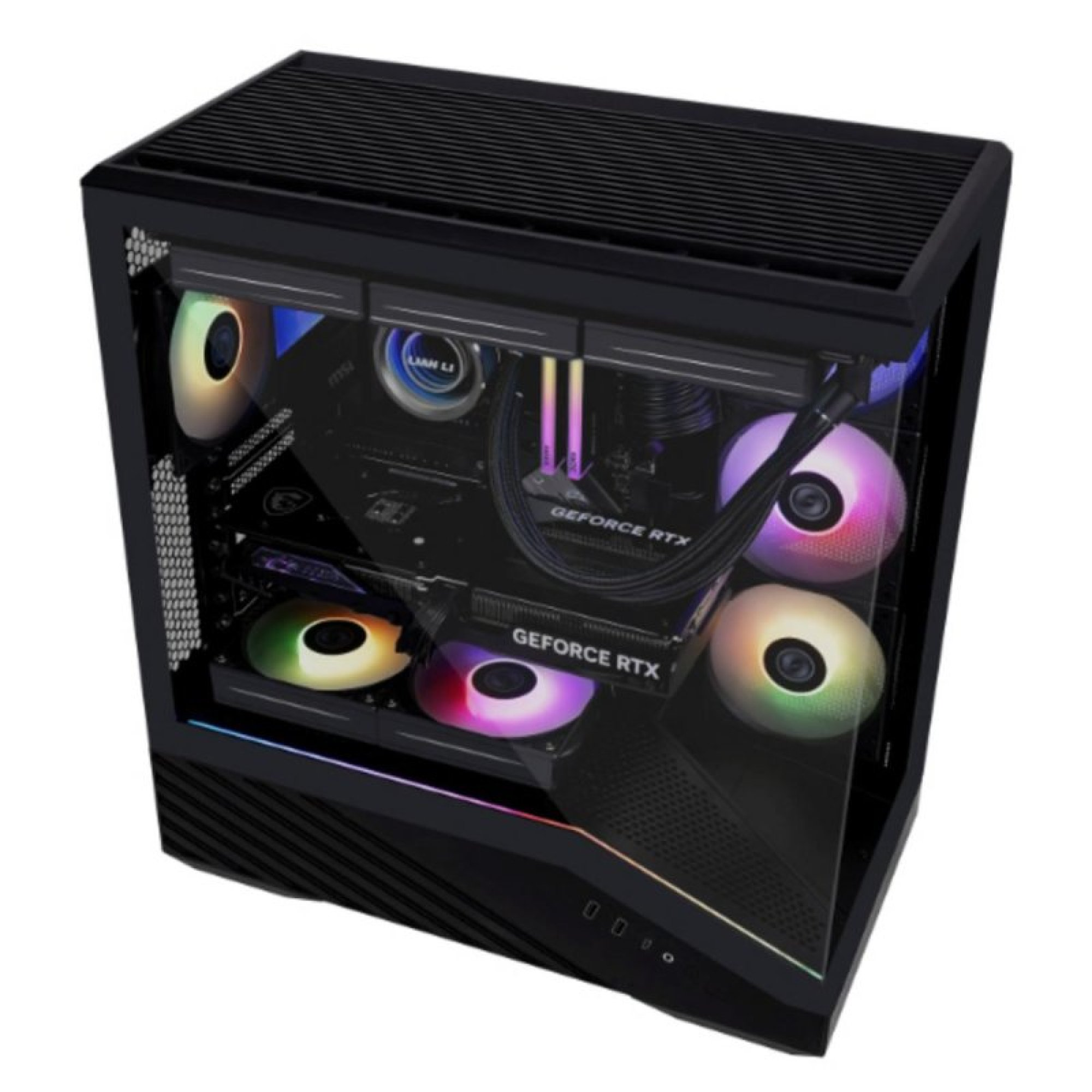 Un PC de escritorio negro con un panel lateral de vidrio y varios ventiladores RGB coloridos dentro.