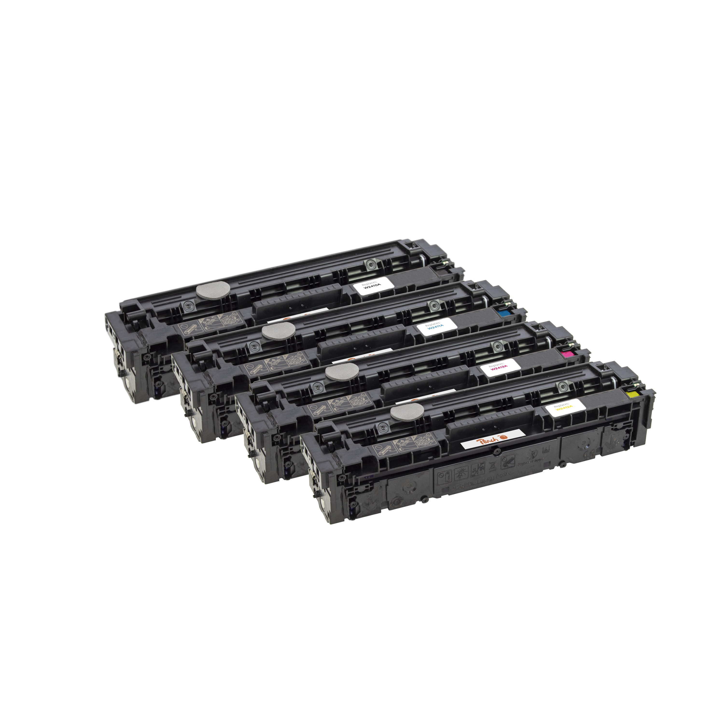 Quatre cartouches de toner noires alignées sur fond blanc.
