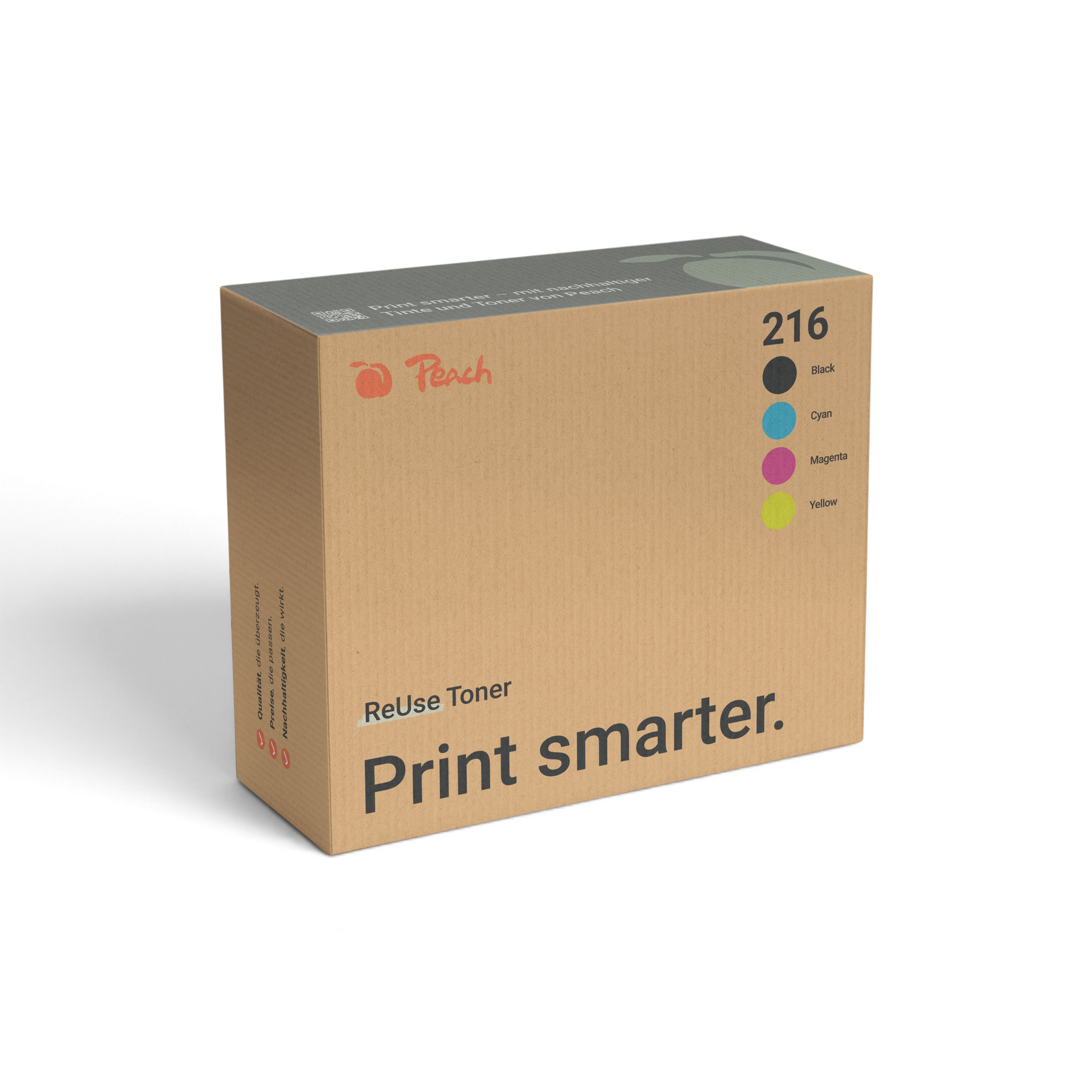 Boîte de toner Peach ReUse marron avec le slogan Print smarter et quatre cercles de couleur.