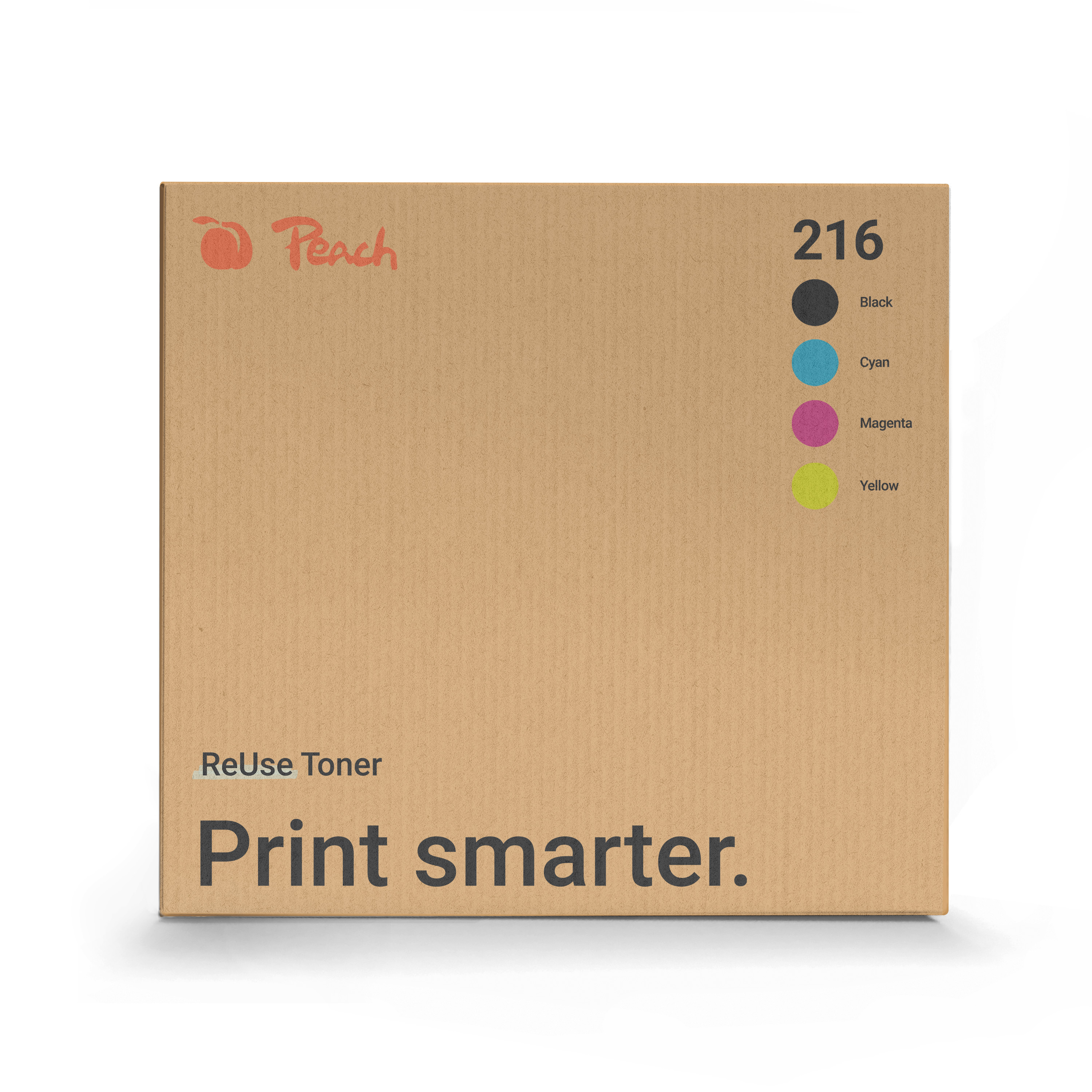 Boîte en carton pour toner Peach ReUse 216 avec des points de couleur noir, cyan, magenta et jaune.