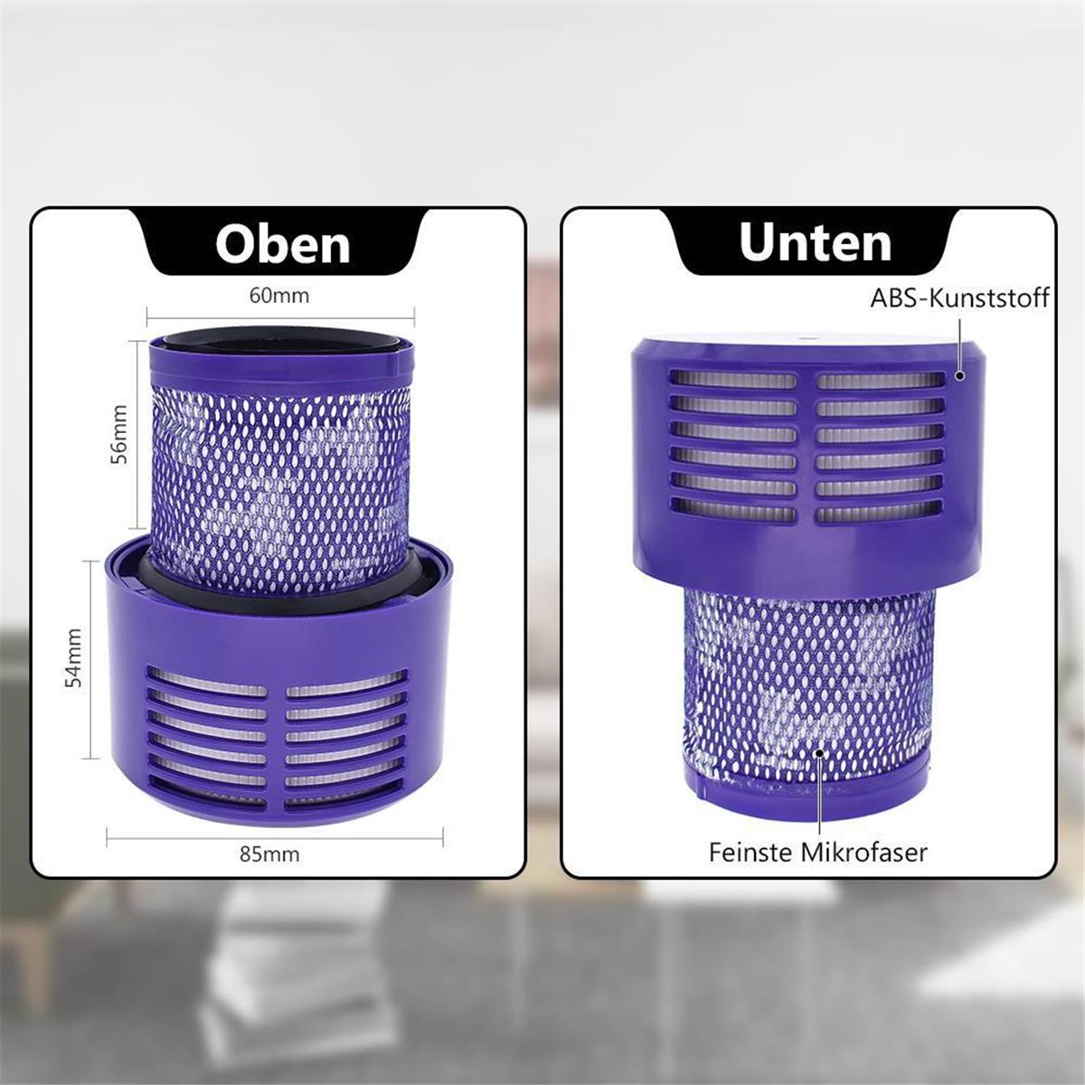 Le diagramme montre les dimensions et les matériaux d'un filtre d'aspirateur violet.