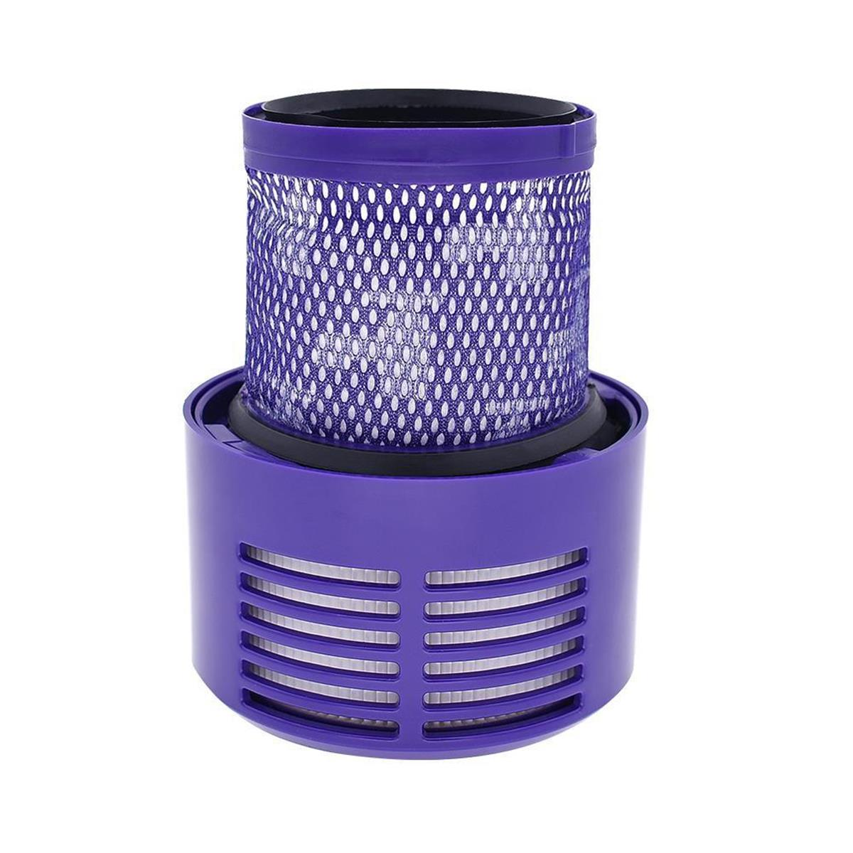 Filtre d'aspirateur cylindrique violet avec maille métallique supérieure et boîtier inférieur à fentes sur fond blanc.