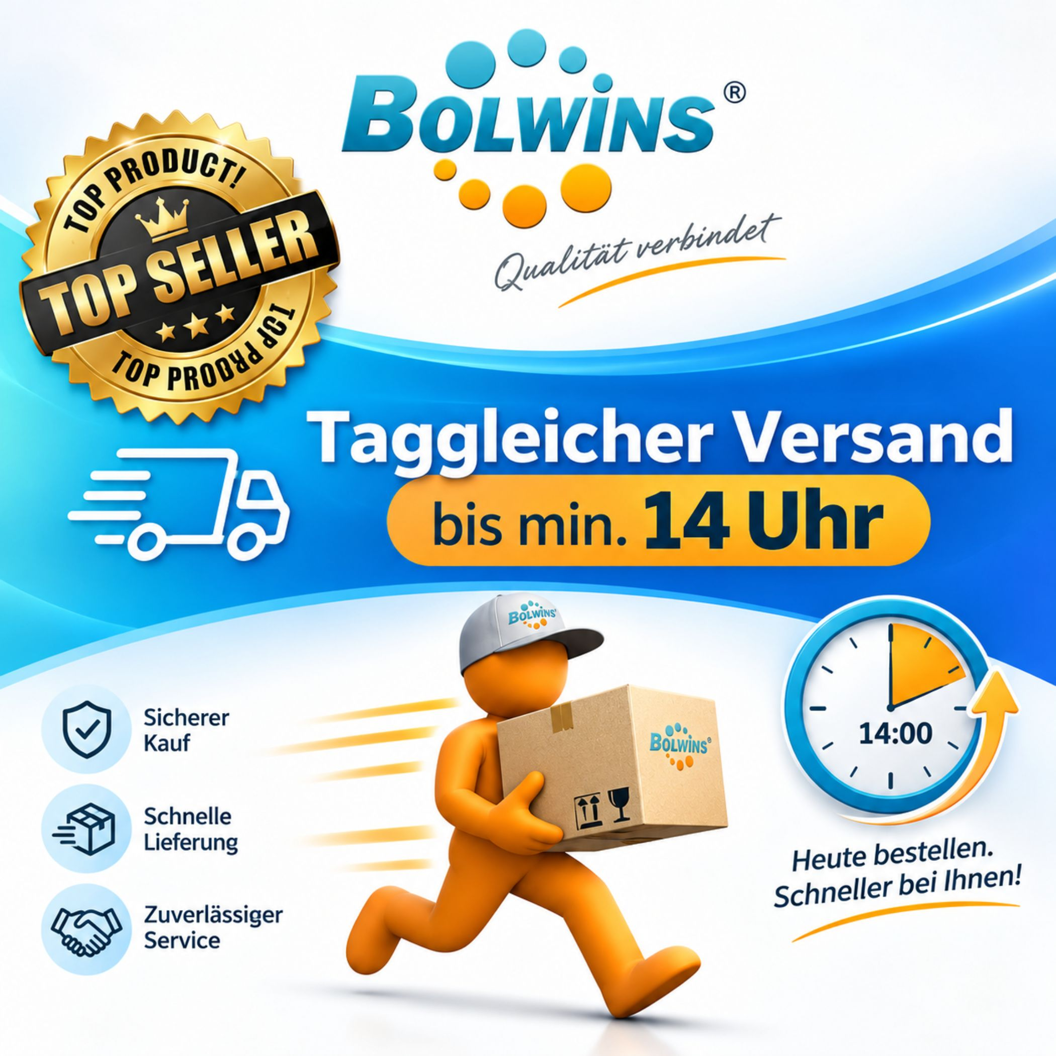 Eine orange 3D-Figur läuft mit Paket, Uhr zeigt 14:00, mit Text für schnellen Versand.