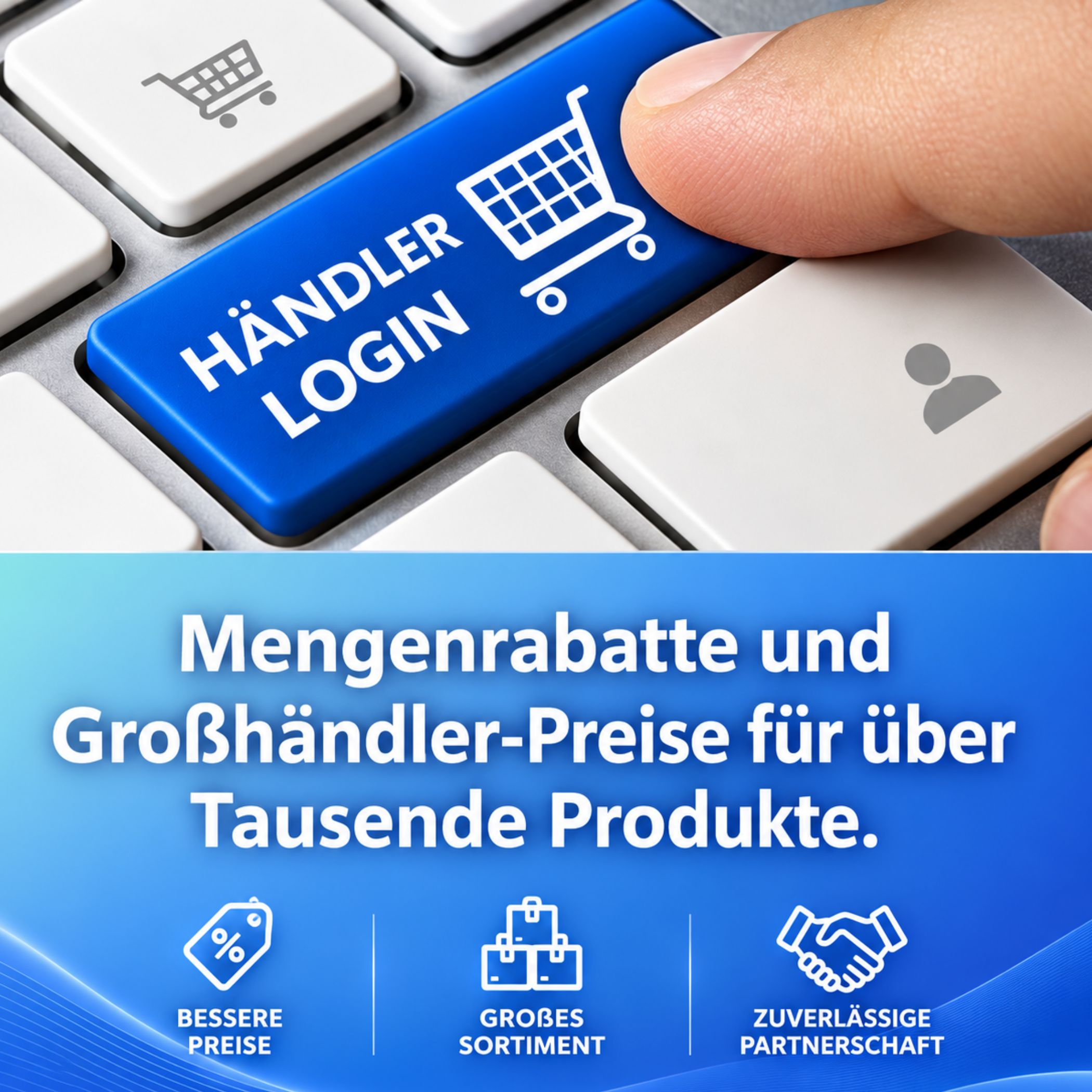 Hand drückt blaue Händler-Login-Taste auf Tastatur mit Einkaufswagen-Symbol.