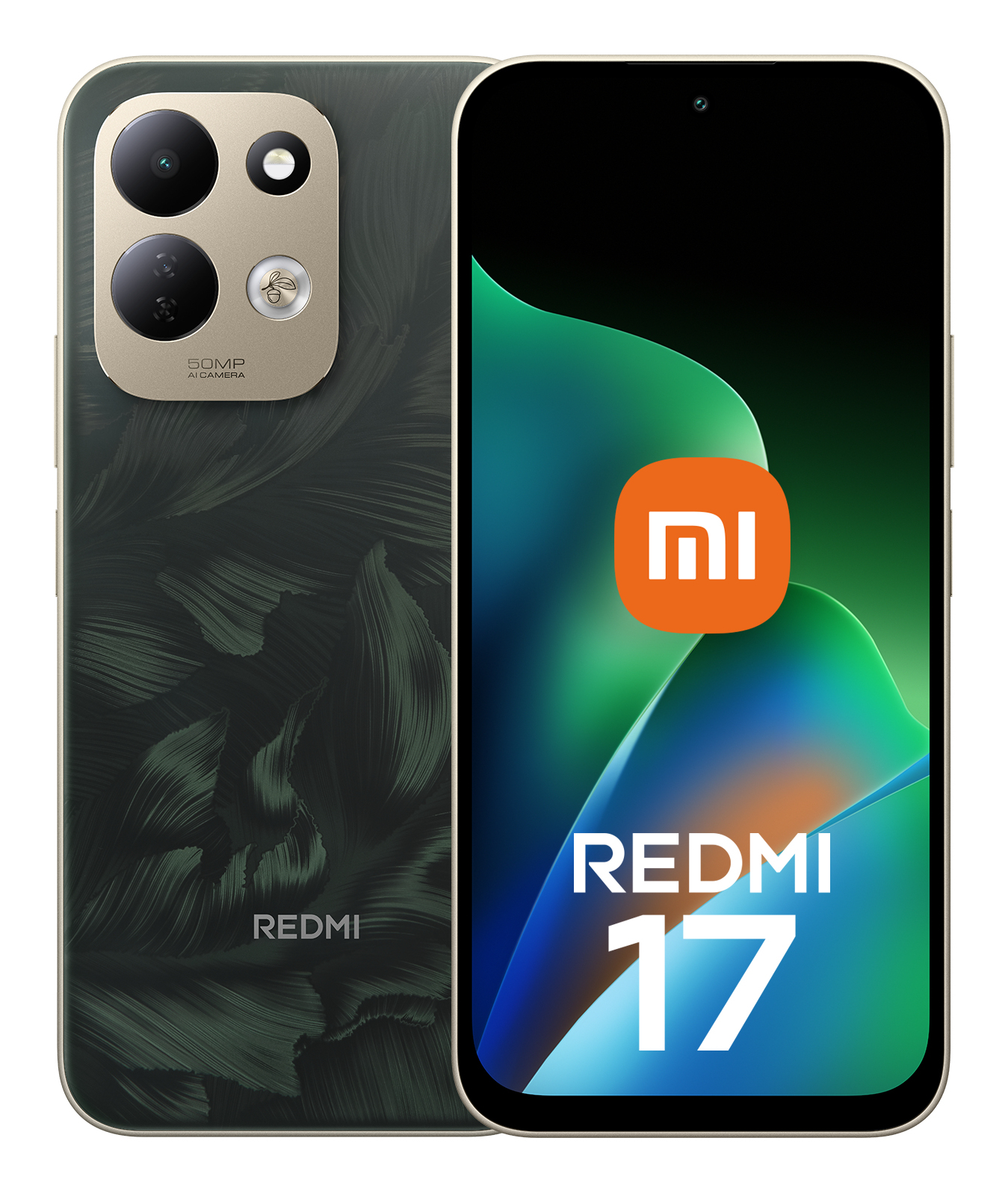 Front- und Rückseite des grünen Redmi 17 Smartphones mit Kameras und Logo auf dem Display.