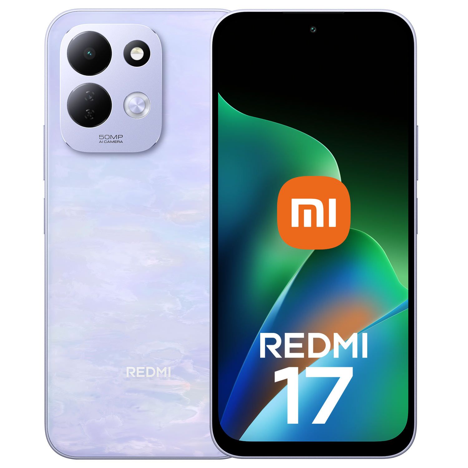 Parte delantera y trasera lila clara de un smartphone Redmi 17 con triple cámara AI.