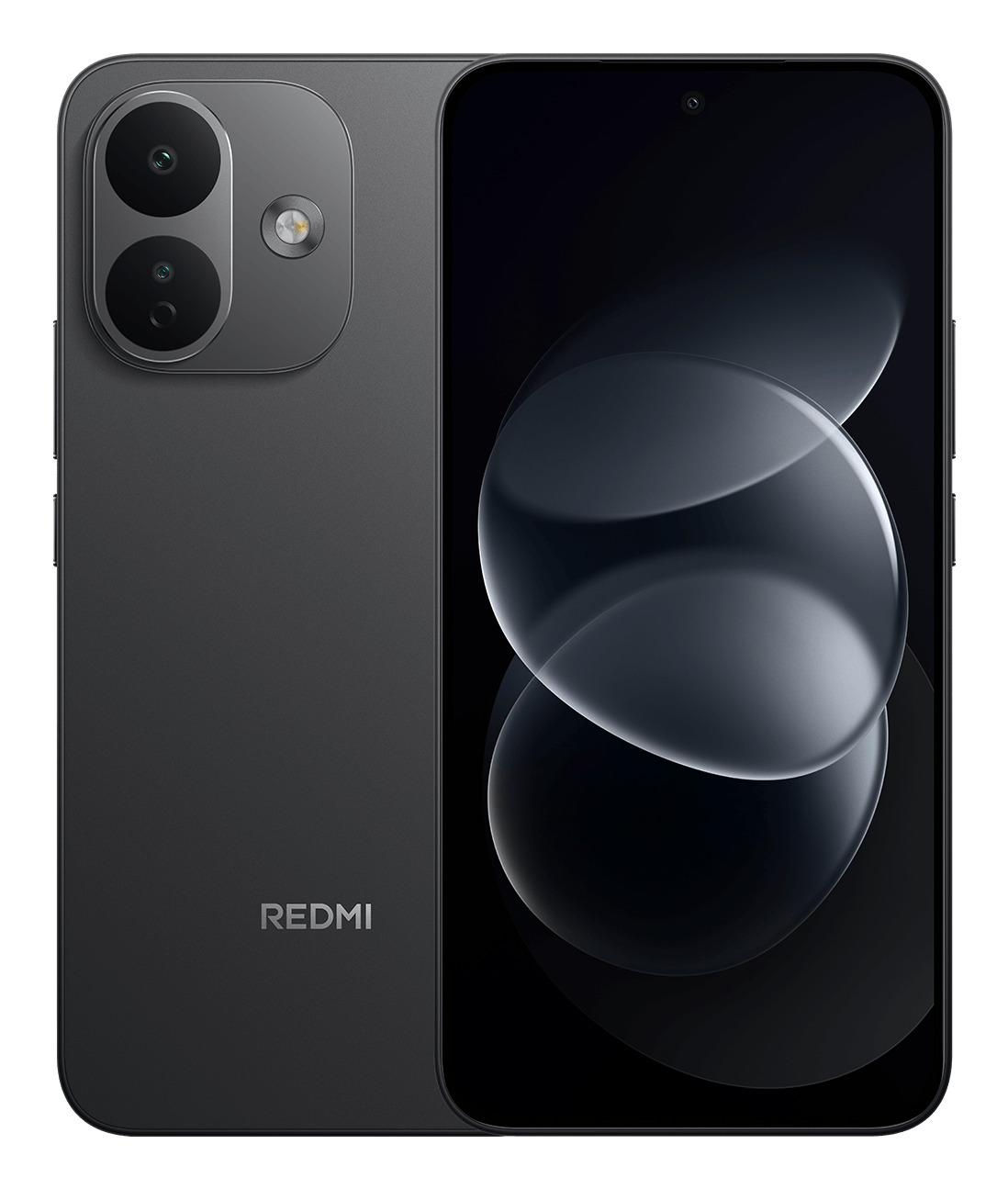 Ciemnoszary smartfon Redmi z ekranem z przodu i modułem dwóch aparatów z tyłu.