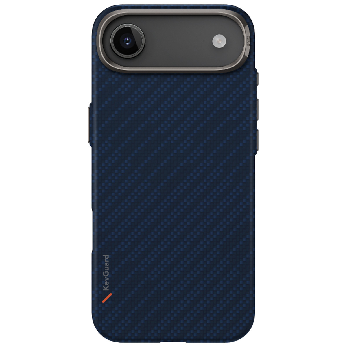 Oval çift kameralı ve küçük turuncu logolu koyu mavi karbon fiber telefon kılıfı.