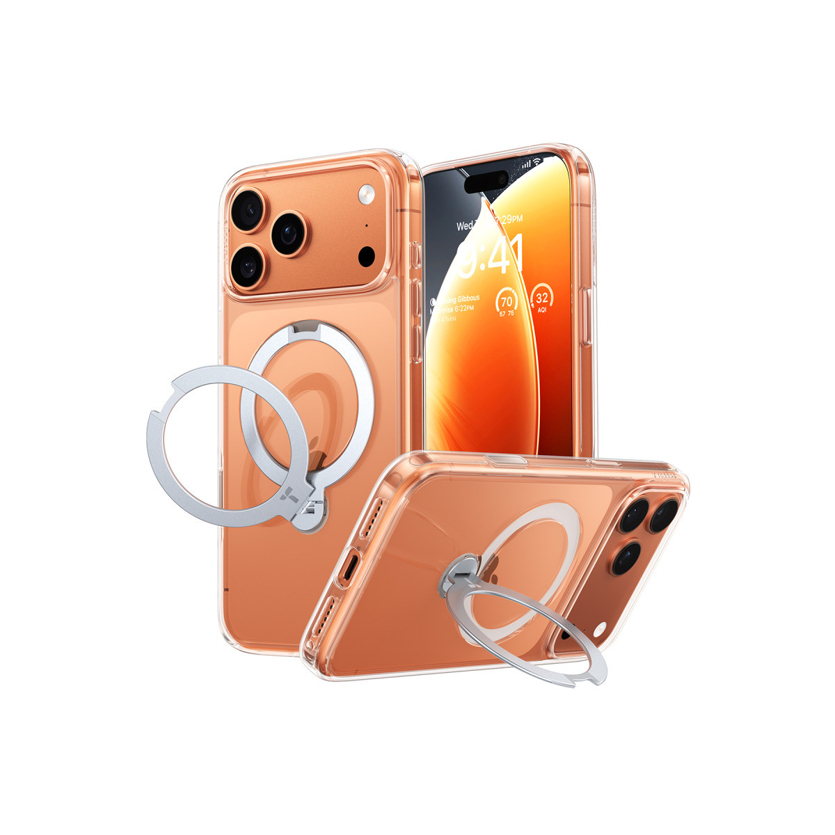Beyaz arka planda gümüş halka stantlı, şeffaf kılıflı üç turuncu iPhone.