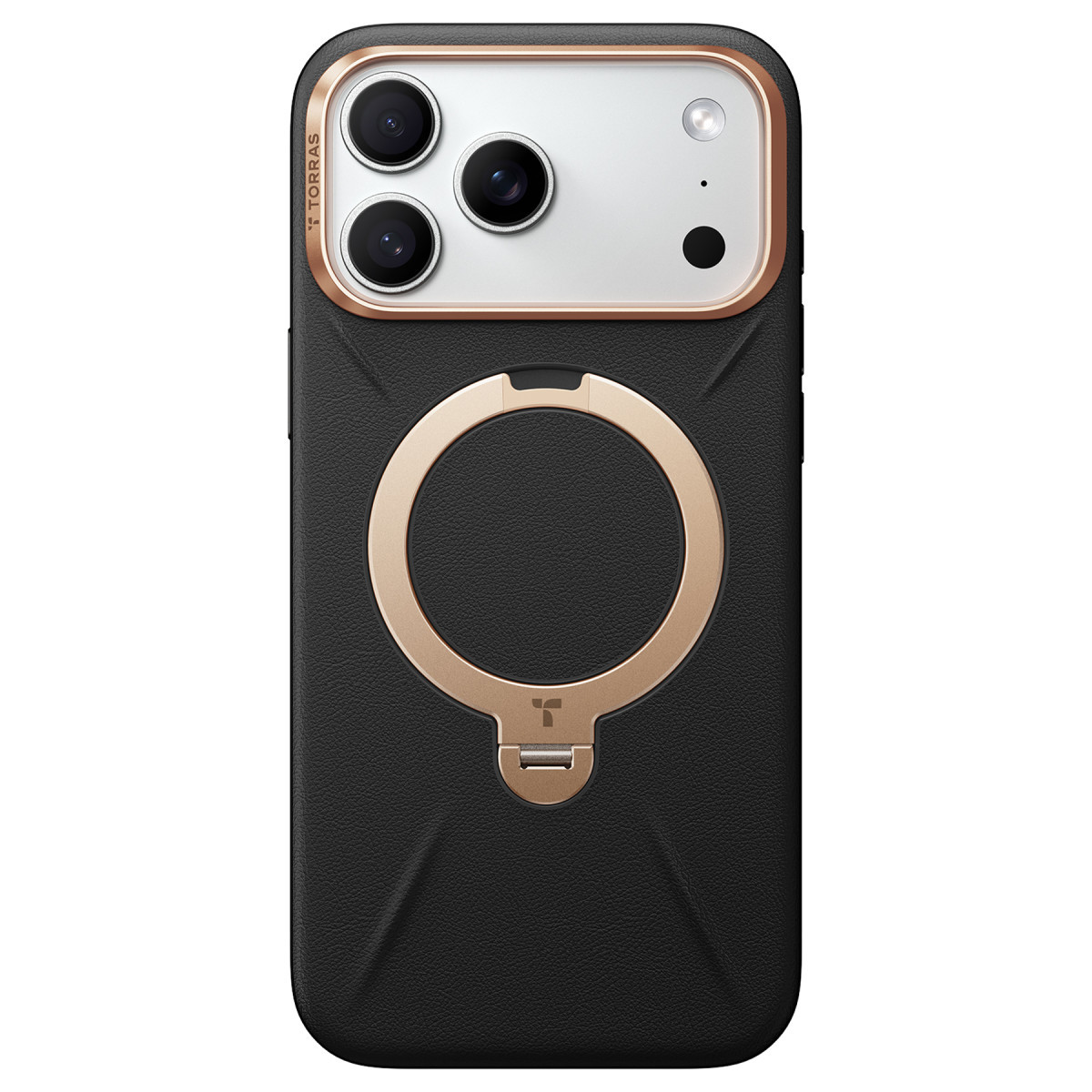 Pembe altın kamera detaylarına ve arkasında uyumlu halka standa sahip siyah telefon kılıfı.
