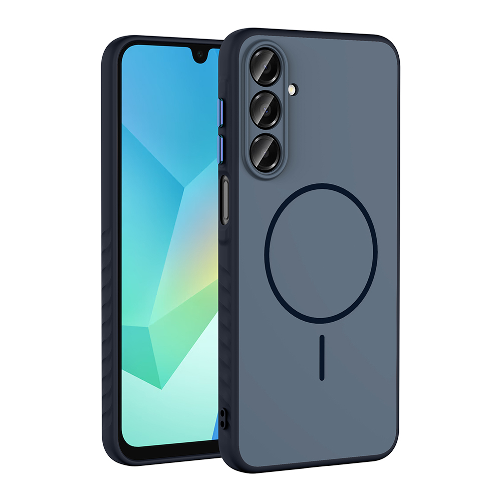 Smartphone blu scuro in una custodia protettiva con un anello magnetico circolare sul retro.