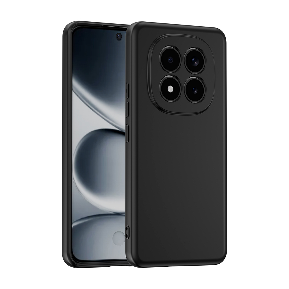 Uno smartphone nero con quattro obiettivi fotografici sul retro e schermo attivo.