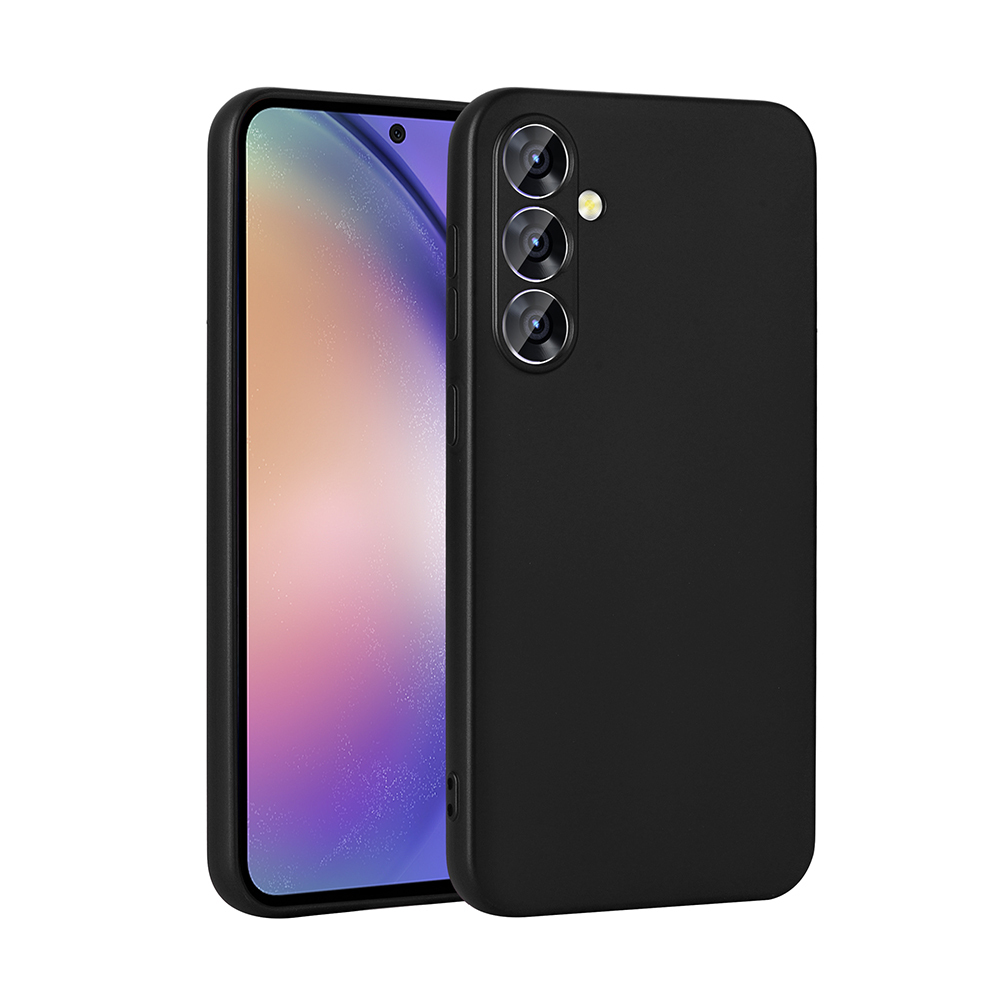 Un teléfono negro muestra su pantalla vibrante a la izquierda y la funda protectora negra lisa en la parte trasera a la derecha.