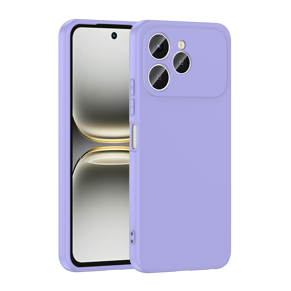 Smartphone morado con funda, triple cámara trasera y pantalla brillante sobre fondo blanco.