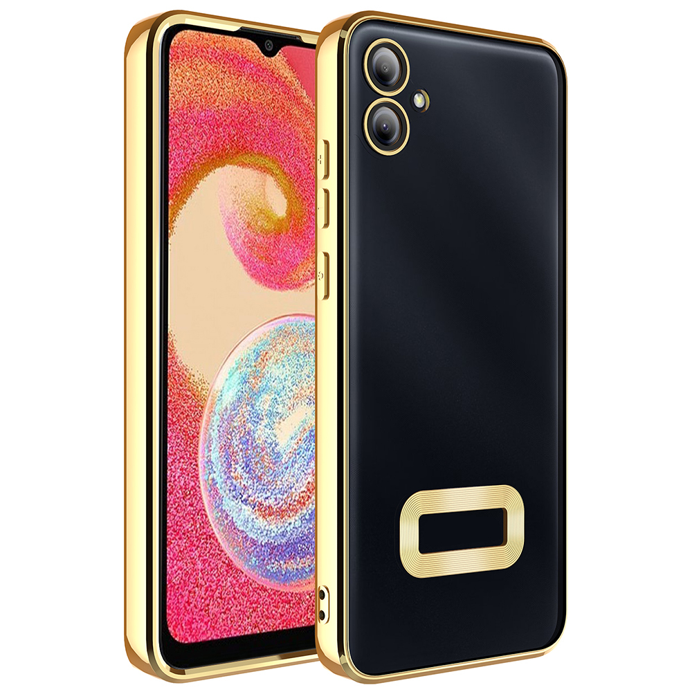 Smartphone nero con cornice dorata lucida, doppia fotocamera posteriore e sfondo astratto colorato.