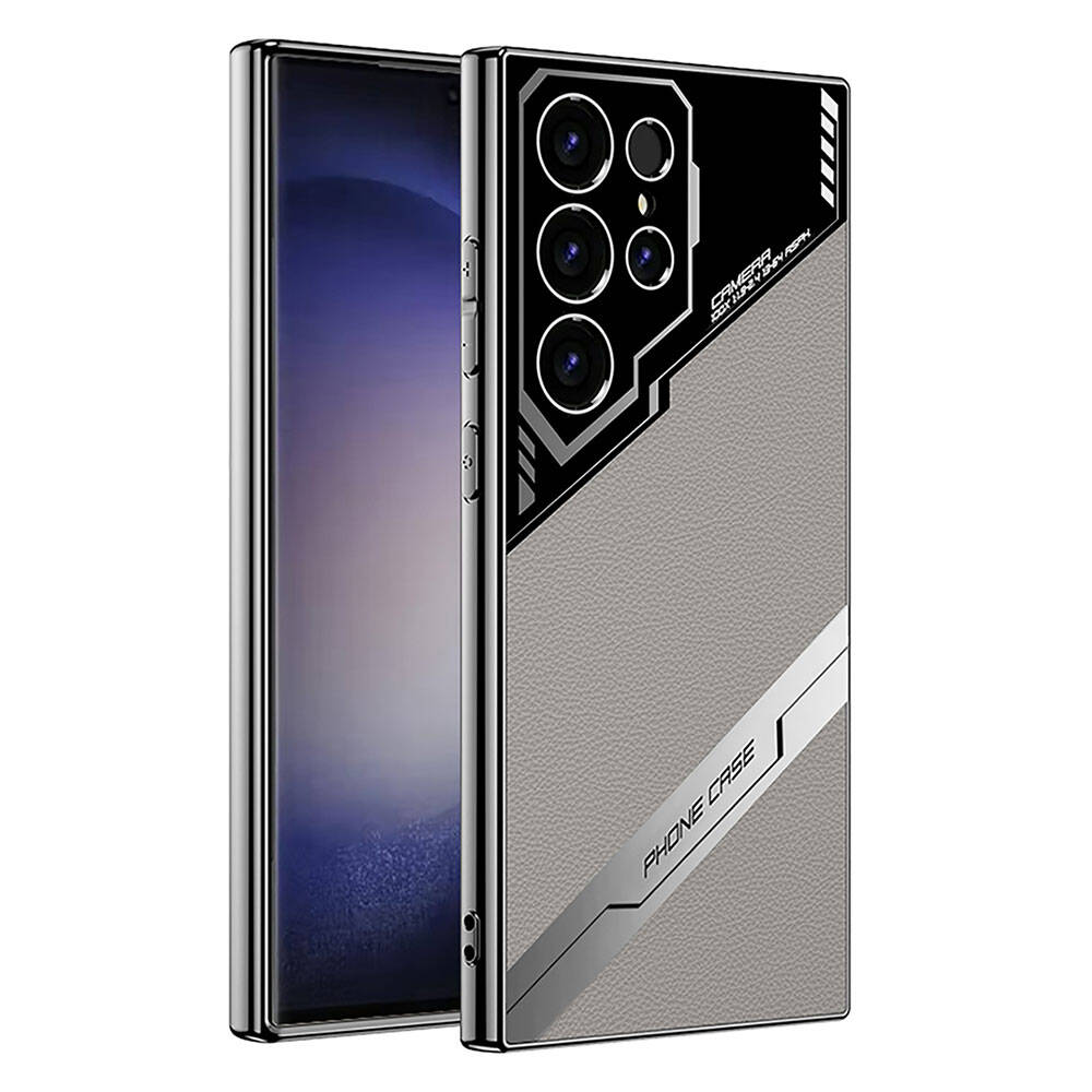 Un teléfono inteligente en una funda protectora gris con detalles geométricos negros y cámara múltiple.