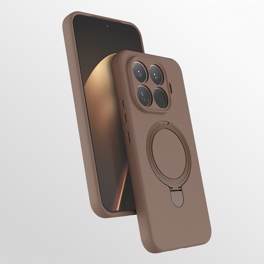 Zwei braune Smartphone-Hüllen auf hellem Hintergrund, eine zeigt die Vorderseite, die andere die Rückseite mit Standfuß.