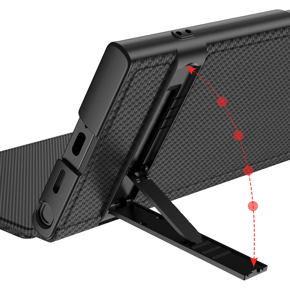 Un teléfono inteligente negro en una funda con un soporte integrado extendido en la parte posterior.