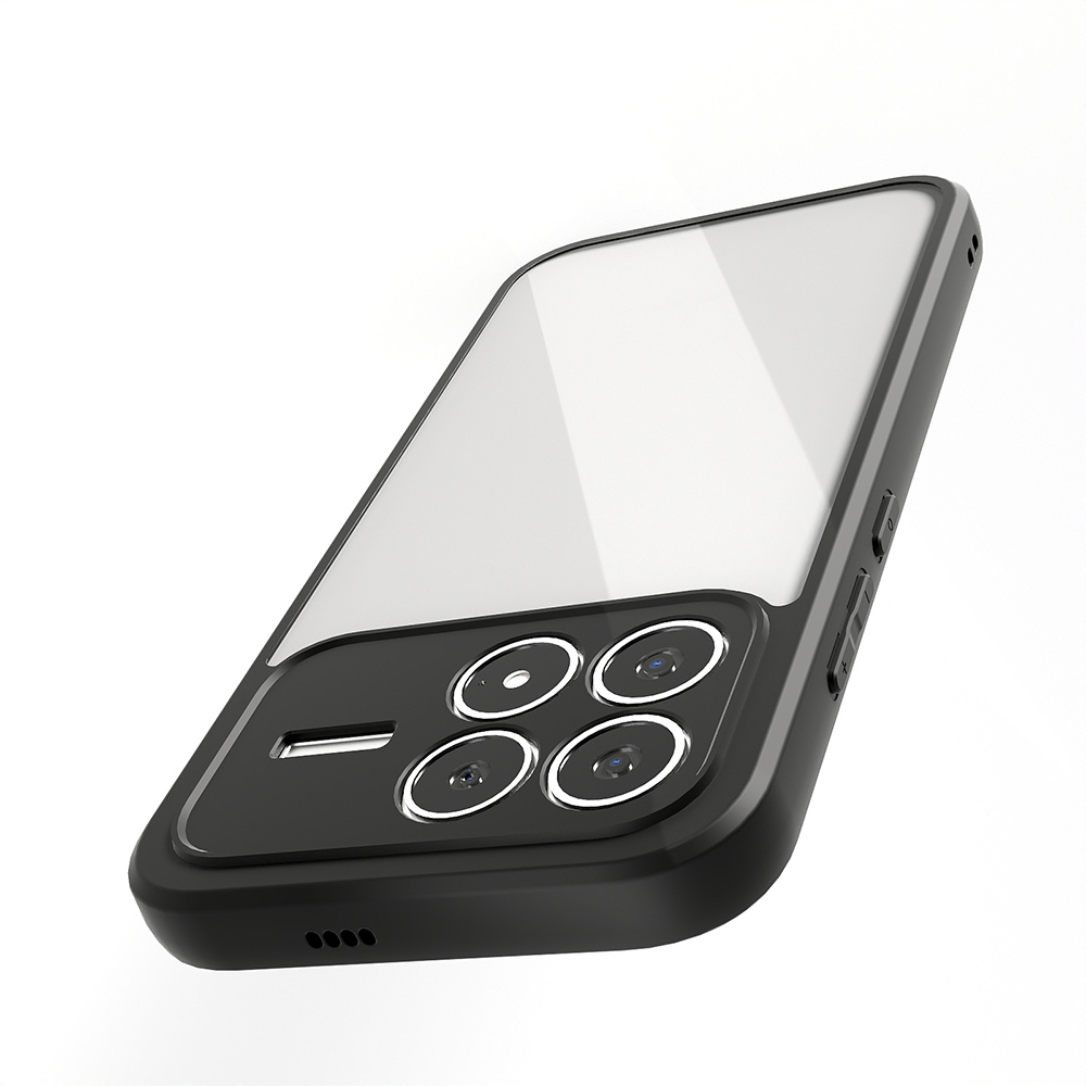 Un teléfono inteligente negro dentro de una funda protectora con módulo de cámara cuadrado sobre fondo blanco.