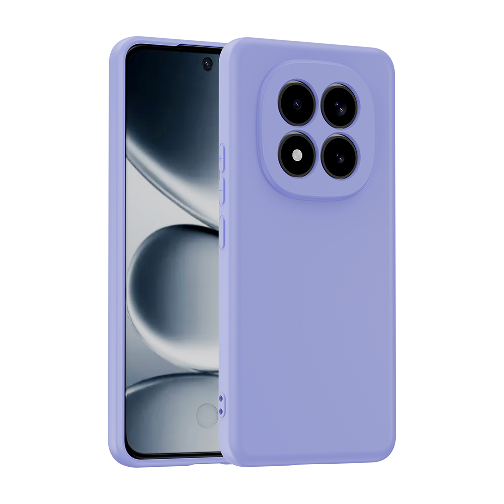 Un teléfono inteligente morado en una funda protectora con cuatro cámaras en la parte trasera.