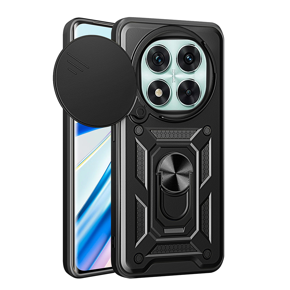 Funda protectora negra para teléfono con soporte de anillo y cubierta deslizante para cámara.