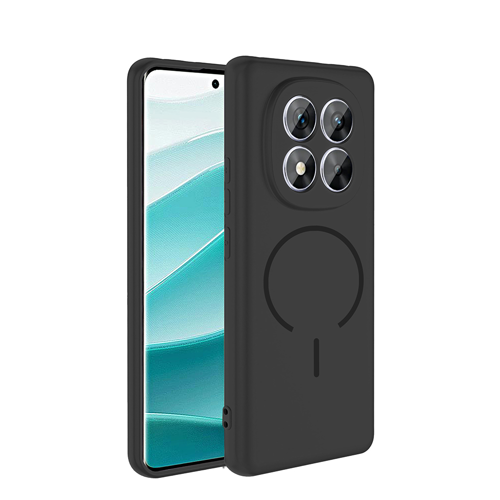 Un smartphone negro con funda protectora, cuatro cámaras y un icono redondo de MagSafe en la parte posterior.