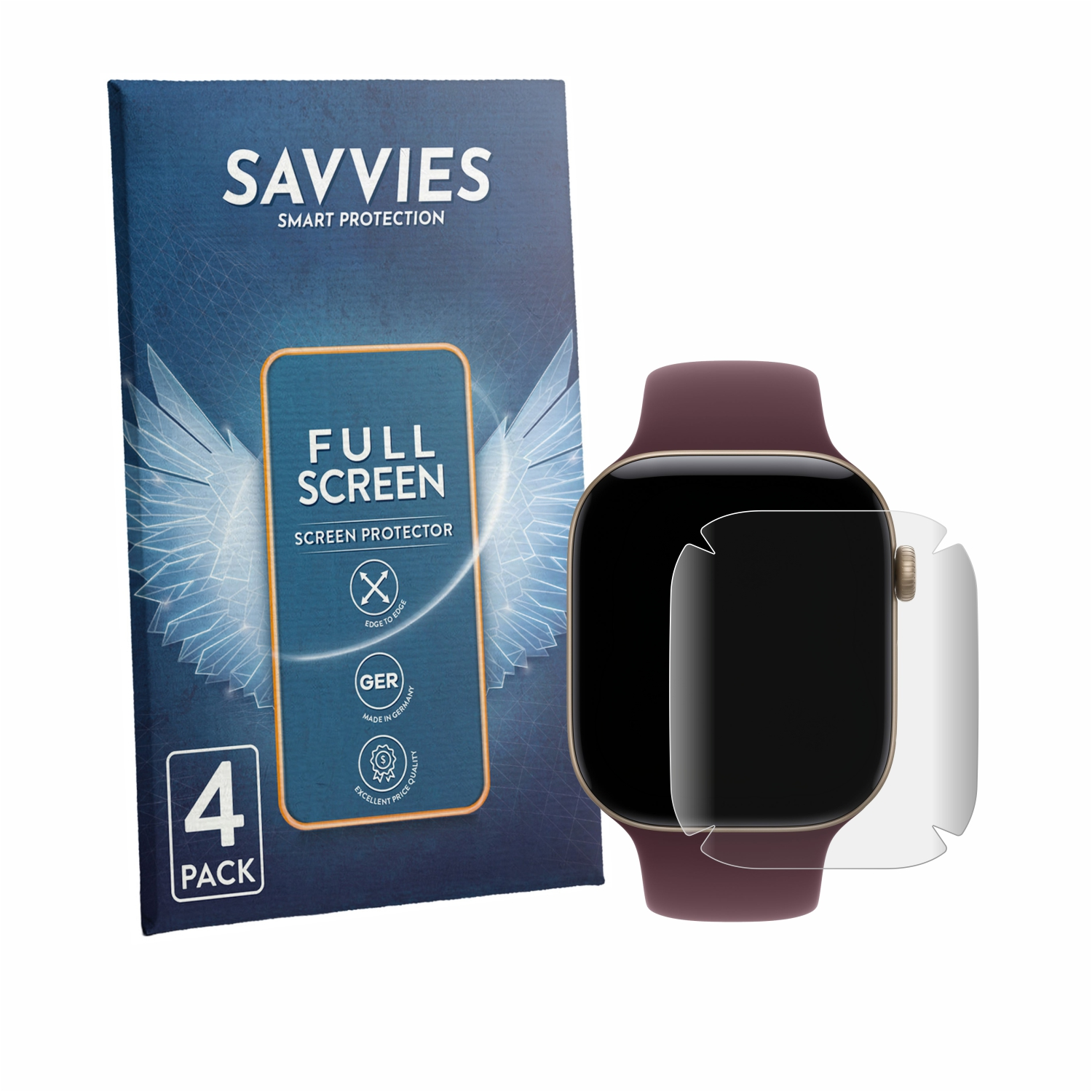 Savvies Displayfolie 4er-Pack neben einer Smartwatch mit Schutzglas.