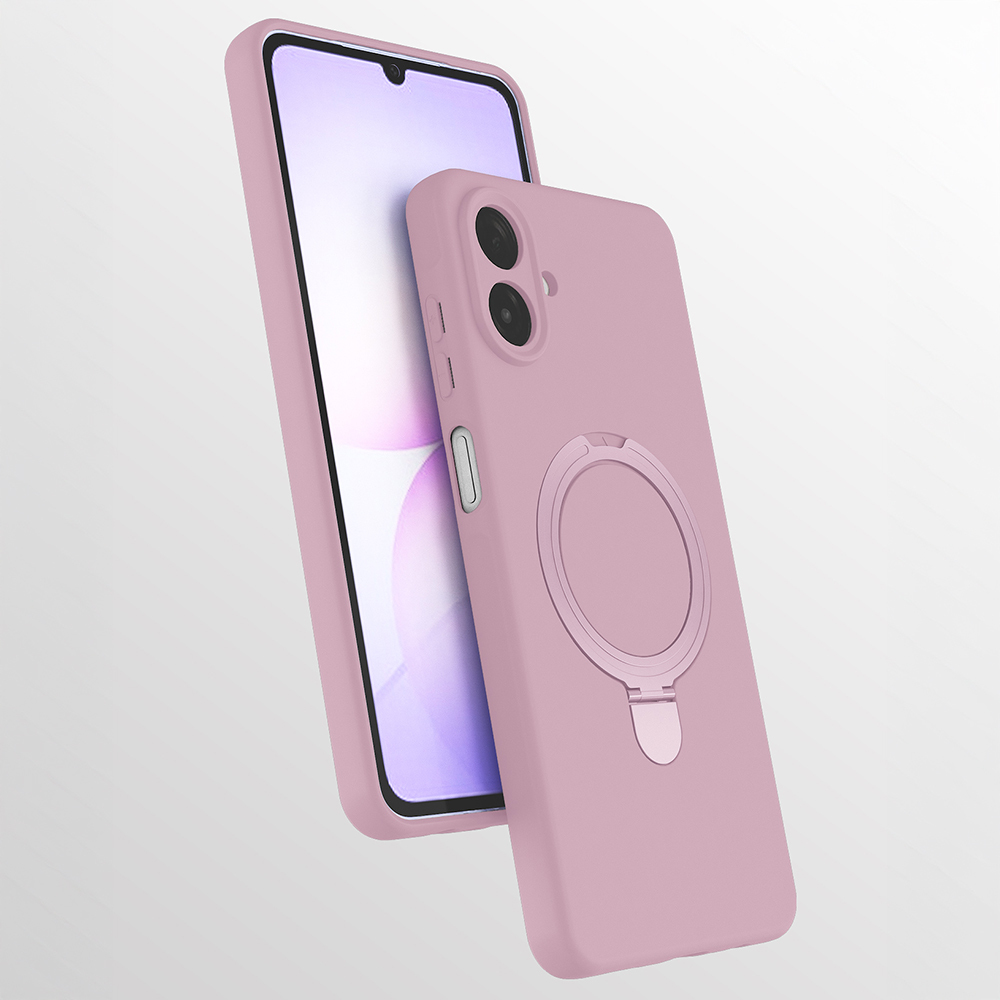 Un teléfono inteligente rosa dentro de una funda protectora a juego con soporte circular integrado.