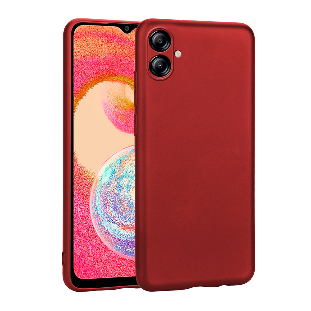 Un teléfono inteligente rojo muestra la pantalla y la parte trasera con dos cámaras sobre un fondo blanco.