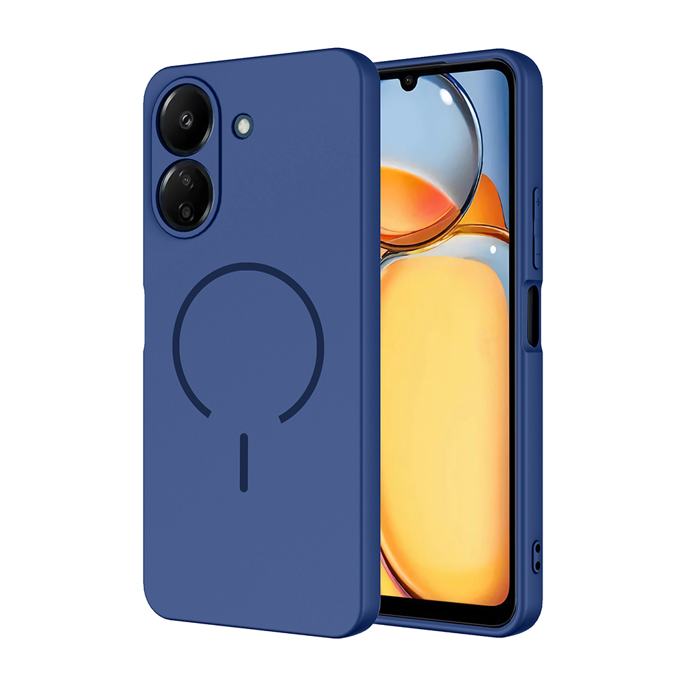 Smartphone blu in custodia protettiva con segno circolare sul retro.