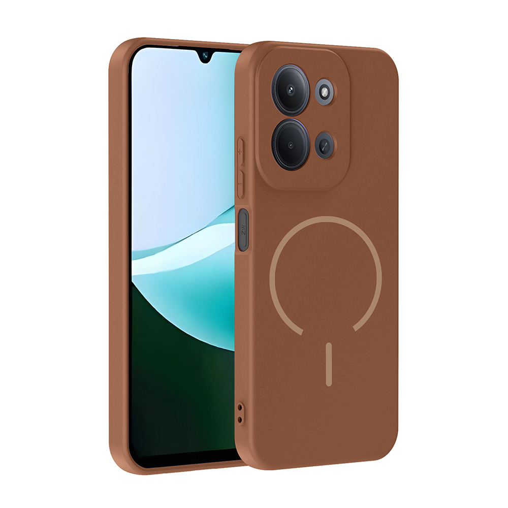 Un teléfono marrón con funda y un círculo de carga magnética en la parte posterior.