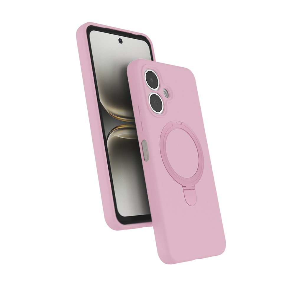 Due custodie per smartphone rosa, una mostra lo schermo anteriore e l'altra il retro con anello magnetico e fotocamera.