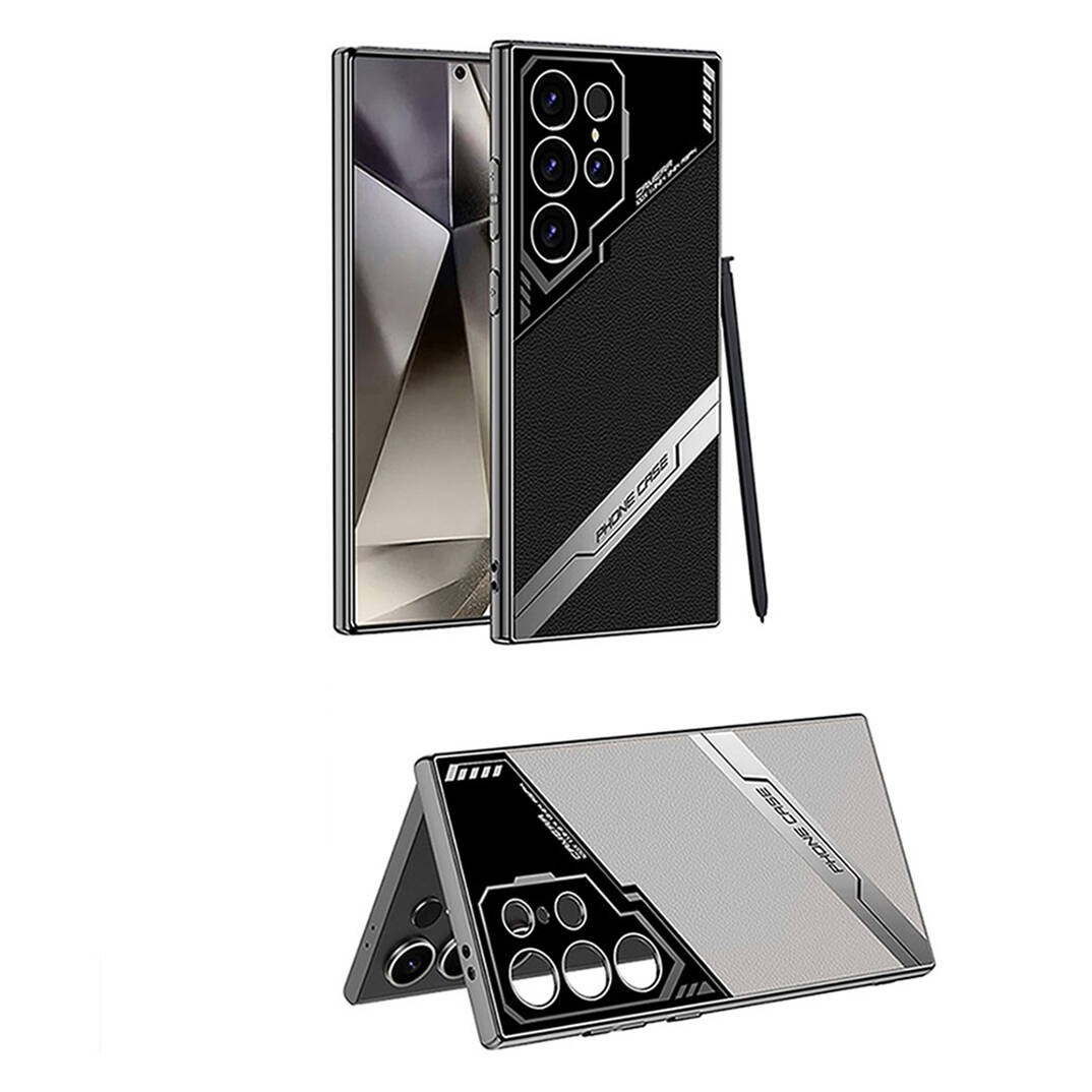 Funda protectora negra con lápiz integrado para smartphone, vistas frontal y trasera.