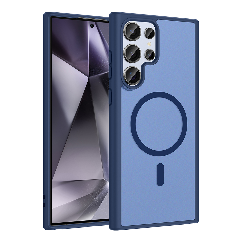 Un teléfono inteligente en una funda protectora azul con un anillo magnético circular y recorte para cámara sobre fondo blanco.