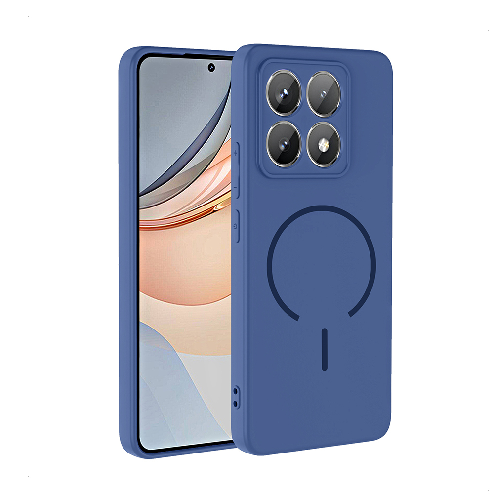 Uno smartphone blu con custodia, che mostra lo schermo anteriore e il retro con quattro fotocamere e anello magnetico.