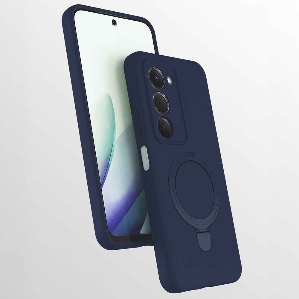 Funda para smartphone azul oscuro con soporte de anillo integrado en la parte posterior, teléfono en ángulo.