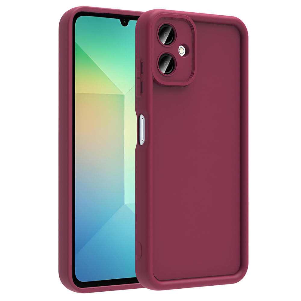 Uno smartphone con una custodia in silicone rosso scuro mostra lo schermo e il retro.