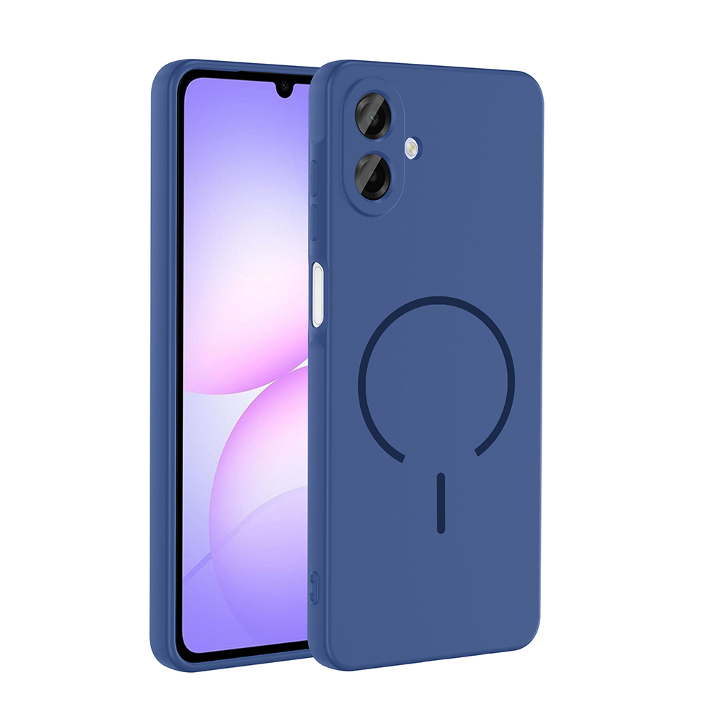 Uno smartphone blu con custodia protettiva blu, anello magnetico sul retro e due obiettivi fotografici.