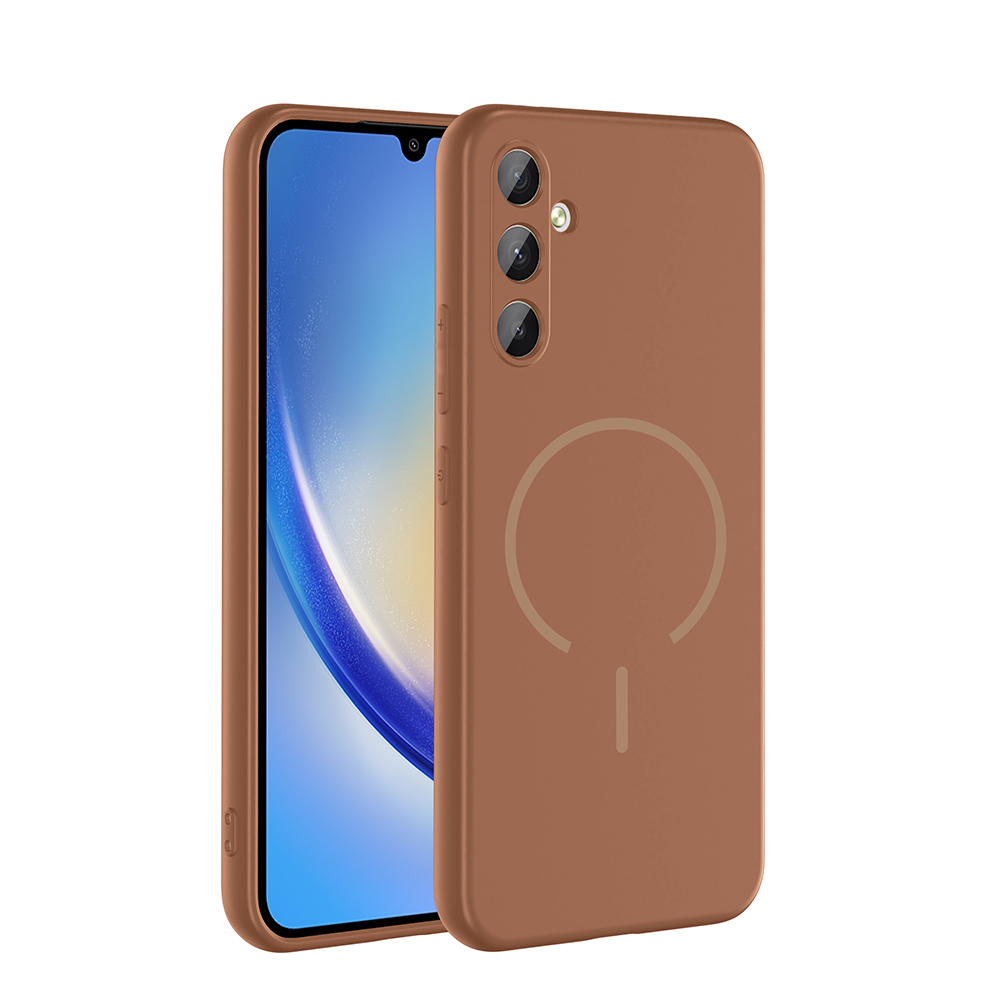 Una funda de móvil marrón con un anillo magnético en la parte trasera, junto a un teléfono con pantalla azul.