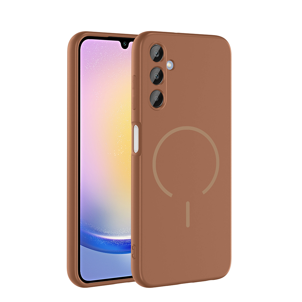 Una funda para smartphone marrón con anillo MagSafe y recortes para cámara y botones.